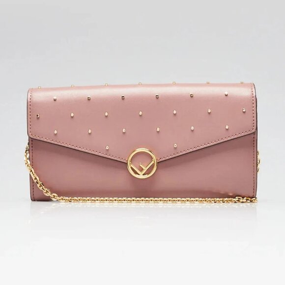 Fendi Dark Pink Studded Leather Continental Wallet On Chain - Picture 1 of 11